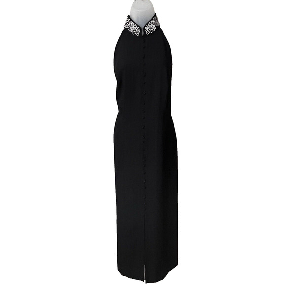 Black Maxi Halter Formal  Evening Dress SZ 12 Mock Embroidered Neck Statement - Picture 1 of 11